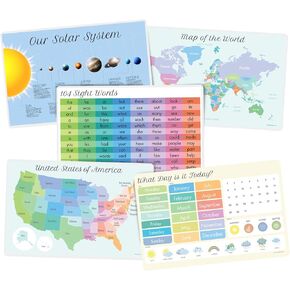 Educational Kids Placemats for Dining Table and Classroom Days , Months & Weather , Sight Words , World map , USA map & Solar System , Durable Plastic Set of 5