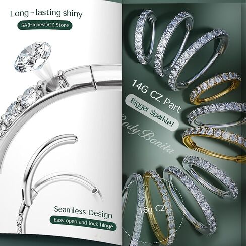 BodyBonita G23 Titanium Nose Rings Hoops - 20G/18G/16G Bigger CZ Septum Rings Nose Hoop Clicker Hypoallergenic Cartilage Earring for Women Helix Rook Tragus Conch Piercing Jewelry Lobe Daith Snug Belly Button Ring with Cubic Zirconia 6mm-12mm Silver/14k G in Saudi Arabia