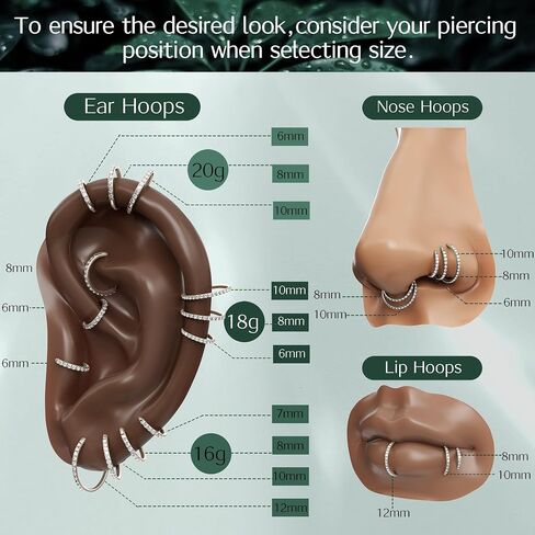 BodyBonita G23 Titanium Nose Rings Hoops - 20G/18G/16G Bigger CZ Septum Rings Nose Hoop Clicker Hypoallergenic Cartilage Earring for Women Helix Rook Tragus Conch Piercing Jewelry Lobe Daith Snug Belly Button Ring with Cubic Zirconia 6mm-12mm Silver/14k G in Saudi Arabia