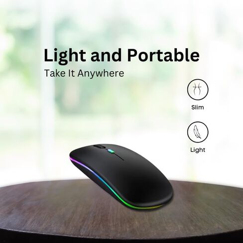 GOMAD ماوس لاسلكي LED، G12 ماوس صامت نحيف قابل لإعادة الشحن، ماوس كمبيوتر بصري USB محمول 2.4G، أسود غير لامع in Saudi Arabia