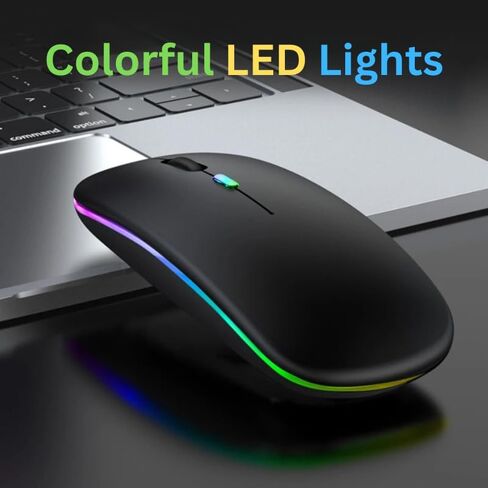 GOMAD ماوس لاسلكي LED، G12 ماوس صامت نحيف قابل لإعادة الشحن، ماوس كمبيوتر بصري USB محمول 2.4G، أسود غير لامع in Saudi Arabia