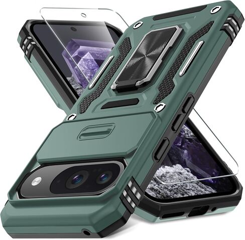 DEERLAMN Case for Google Pixel 9/9 Pro with Slide Camera Cover+Screen Protector(1 Pack), Rotated Ring Kickstand Military Grade Shockproof Protective Cover-Black in Kuwait