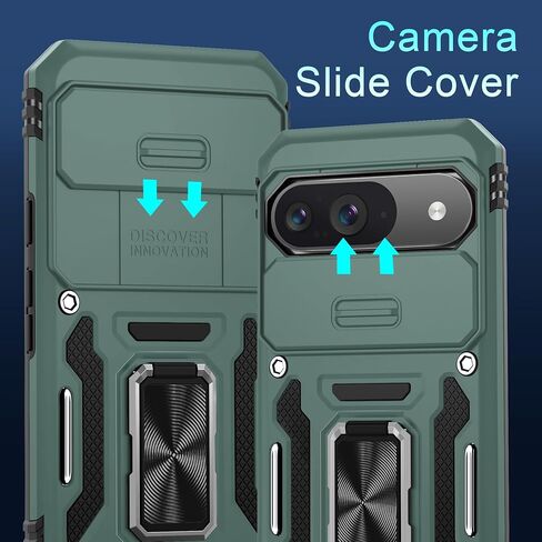 DEERLAMN Case for Google Pixel 9/9 Pro with Slide Camera Cover+Screen Protector(1 Pack), Rotated Ring Kickstand Military Grade Shockproof Protective Cover-Black in Kuwait