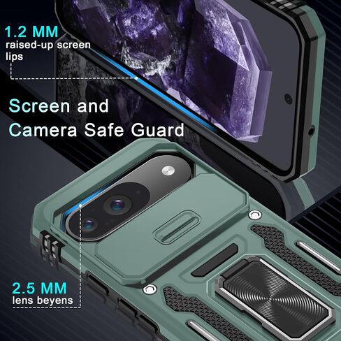 DEERLAMN Case for Google Pixel 9/9 Pro with Slide Camera Cover+Screen Protector(1 Pack), Rotated Ring Kickstand Military Grade Shockproof Protective Cover-Black in Kuwait