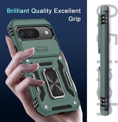 DEERLAMN Case for Google Pixel 9/9 Pro with Slide Camera Cover+Screen Protector(1 Pack), Rotated Ring Kickstand Military Grade Shockproof Protective Cover-Black in Kuwait