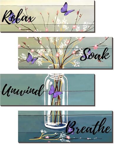 4 Pieces Bathroom Art Rustic Farmhouse Bathroom Blue Butterfly Wall Decor Relax Soak Unwind Breathe Wood Hanging Sign for Home Spa Living Bathroom Laundry, Bottle flower in Kuwait