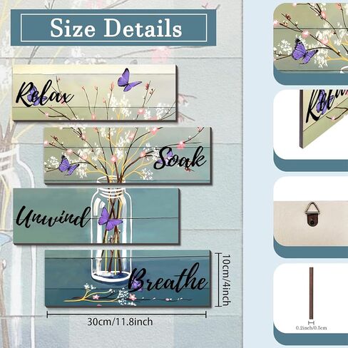 4 Pieces Bathroom Art Rustic Farmhouse Bathroom Blue Butterfly Wall Decor Relax Soak Unwind Breathe Wood Hanging Sign for Home Spa Living Bathroom Laundry, Bottle flower in Kuwait
