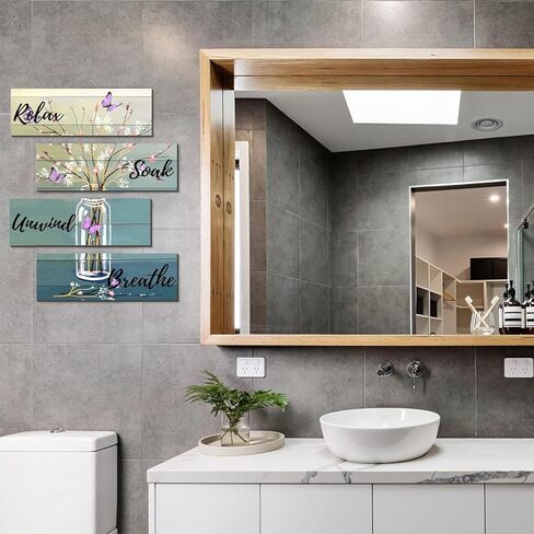 4 Pieces Bathroom Art Rustic Farmhouse Bathroom Blue Butterfly Wall Decor Relax Soak Unwind Breathe Wood Hanging Sign for Home Spa Living Bathroom Laundry, Bottle flower in Kuwait