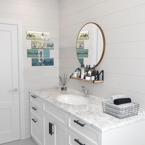 4 Pieces Bathroom Art Rustic Farmhouse Bathroom Blue Butterfly Wall Decor Relax Soak Unwind Breathe Wood Hanging Sign for Home Spa Living Bathroom Laundry, Bottle flower in Kuwait