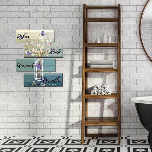 4 Pieces Bathroom Art Rustic Farmhouse Bathroom Blue Butterfly Wall Decor Relax Soak Unwind Breathe Wood Hanging Sign for Home Spa Living Bathroom Laundry, Bottle flower in Kuwait