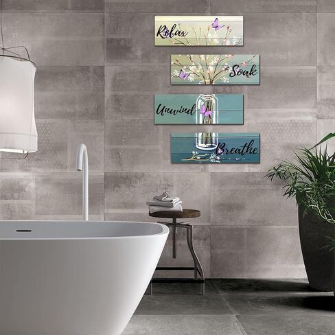 4 Pieces Bathroom Art Rustic Farmhouse Bathroom Blue Butterfly Wall Decor Relax Soak Unwind Breathe Wood Hanging Sign for Home Spa Living Bathroom Laundry, Bottle flower in Kuwait