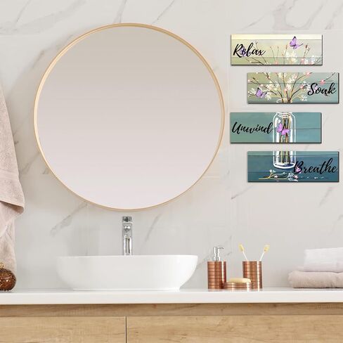 4 Pieces Bathroom Art Rustic Farmhouse Bathroom Blue Butterfly Wall Decor Relax Soak Unwind Breathe Wood Hanging Sign for Home Spa Living Bathroom Laundry, Bottle flower in Kuwait