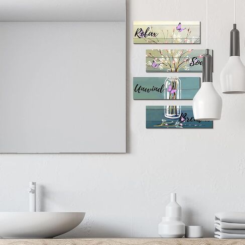 4 Pieces Bathroom Art Rustic Farmhouse Bathroom Blue Butterfly Wall Decor Relax Soak Unwind Breathe Wood Hanging Sign for Home Spa Living Bathroom Laundry, Bottle flower in Kuwait