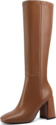 Women's Knee High Boots Faux Leather Square To Tall Boots Fashion Chunky Block Heel Long Boots with Side Zip in Saudi Arabia