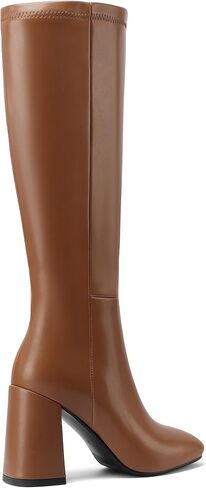 Women's Knee High Boots Faux Leather Square To Tall Boots Fashion Chunky Block Heel Long Boots with Side Zip in Saudi Arabia