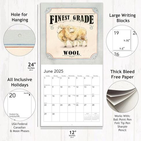 Farmhouse 2023 Hangable Wall Calendar,12"x24" Open,Vintage Farmers Market Signs,Shabby Chic Farm Photography House Decor,Sturdy & Thick Beautiful Large Full Page 16 Months For Organizing & Planning in Kuwait