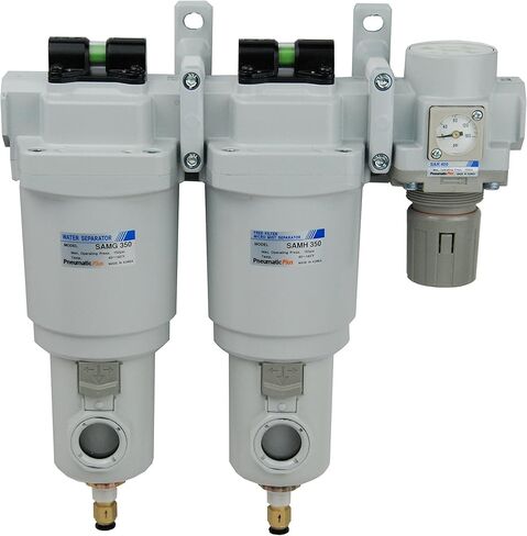 نظام تجفيف الهواء ثلاثي المراحل PneumaticPlus SAMU350-N04DGS-MEF-S - فاصل مياه، فلتر اندماج 0.01 ميكرون، منظم ضغط الهواء، مجموعة وحدات 1/2 بوصة NPT - تصريف تلقائي، وعاء معدني in Kuwait