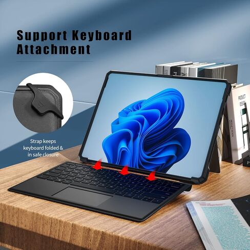 حافظة تناسب جهاز Microsoft Surface Pro 8 مقاس 13 بوصة 2021، مصنوعة من مادة PU+TPU متينة مع حزام يد وغطاء دعامة، متوافقة مع لوحة مفاتيح النوع، أسود in Kuwait
