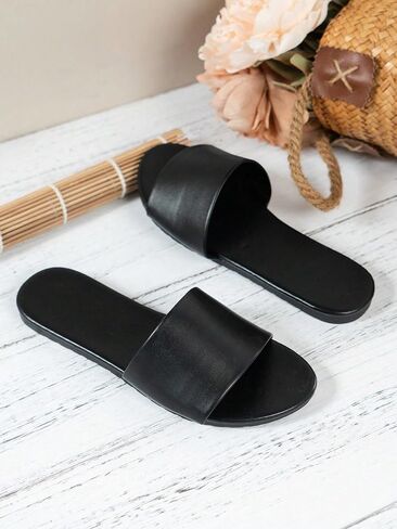 GORGLITTER PU Leather Flat Sandals Open Toe Slip On Slides Sandals in Kuwait
