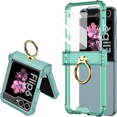 for Samsung Galaxy Z Flip 6 Clear Case Luxury Hinge Protection with Ring Holder & Screen Protector Soft All-Inclusive Shockproof Cover (Clear) in Saudi Arabia
