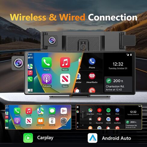 شاشة سيارة لاسلكية عالمية مقاس 10.26 بوصة وشاشة تلقائية تعمل بنظام Android مع كاميرا داش كام 2K وكاميرا أمان داخلية وكاميرا احتياطية وكاميرا أمامية لسيارة 2024 شاشة لمس محمولة تعمل بالبلوتوث ونظام تحديد المواقع والملاحة DVR WiFi in Kuwait