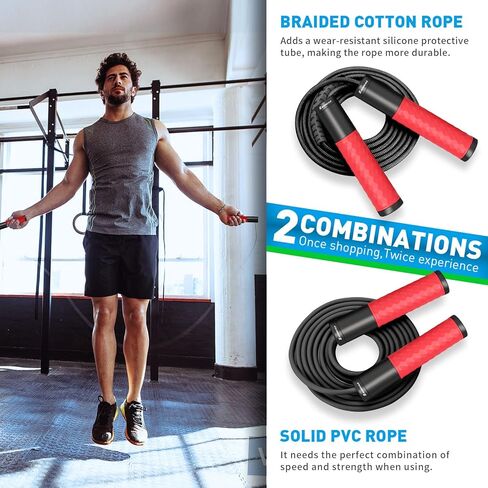 Weighted Jump Rope for Fitness,Skipping Rope for Women Men,Metal Heavy Handles, Ball bearings, Tangle Free, Adjustable Length PVC Cord and Cotton Rope, Endurance Training Fitness Exercise Workou in Kuwait