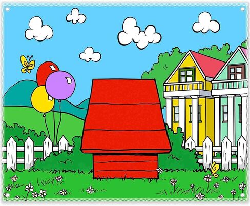 Fabric 7x5ft Cartoon Dog Red House Photography Backdrop Blue Sky Grass Balloon Outdoor Background Party Decorations Kids Birthday Photo Booth Banner in Saudi Arabia