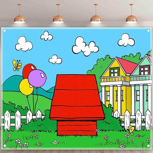 Fabric 7x5ft Cartoon Dog Red House Photography Backdrop Blue Sky Grass Balloon Outdoor Background Party Decorations Kids Birthday Photo Booth Banner in Saudi Arabia