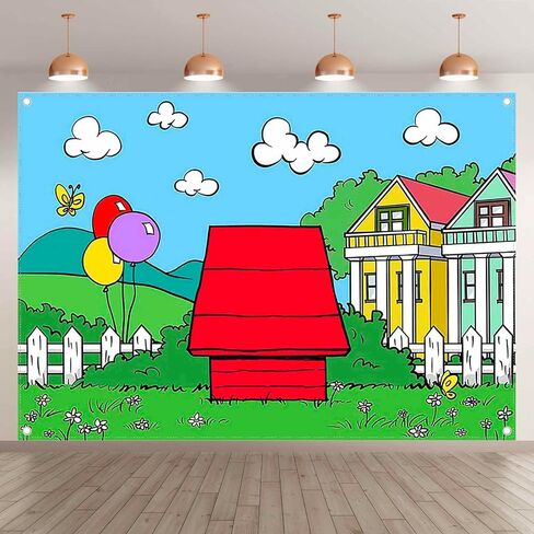 Fabric 7x5ft Cartoon Dog Red House Photography Backdrop Blue Sky Grass Balloon Outdoor Background Party Decorations Kids Birthday Photo Booth Banner in Saudi Arabia