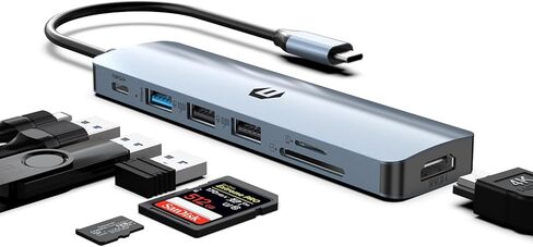 محور USB C، قاعدة توصيل USB 7 في 1، HDMI 4K، توصيل طاقة 100 وات، منافذ USB 3.0، منافذ USB 2.0 مزدوجة، قارئ بطاقات SD/TF، ​​مثالي لأجهزة iMac وSurface وXPS وThinkpad وGalaxy والمزيد in Saudi Arabia