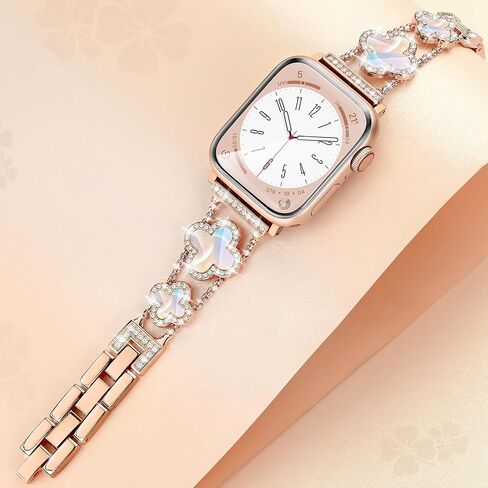 Wipalor Four-Leaf Clover Band Fit Bling Apple Watch Band for Women 46mm 45mm 44mm 49mm 42mm-S3/S2/S1, Thin Metal Sparkly iWatch Band Slim Glitter for iPhone Watch Band Series 10 9 8 SE Ultra-Rose Gold in Saudi Arabia