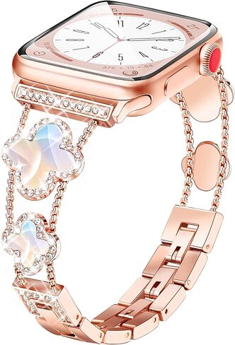 Wipalor Four-Leaf Clover Band Fit Bling Apple Watch Band for Women 46mm 45mm 44mm 49mm 42mm-S3/S2/S1, Thin Metal Sparkly iWatch Band Slim Glitter for iPhone Watch Band Series 10 9 8 SE Ultra-Rose Gold in Saudi Arabia