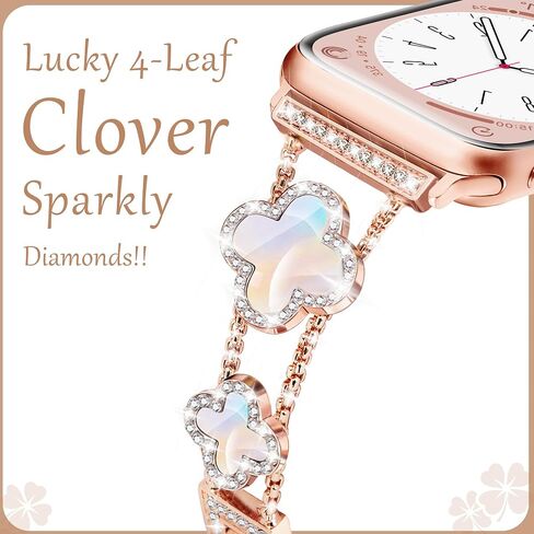 Wipalor Four-Leaf Clover Band Fit Bling Apple Watch Band for Women 46mm 45mm 44mm 49mm 42mm-S3/S2/S1, Thin Metal Sparkly iWatch Band Slim Glitter for iPhone Watch Band Series 10 9 8 SE Ultra-Rose Gold in Saudi Arabia