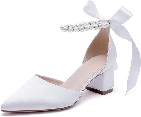 Women's White Wedding Shoes Block Heel Pearls Pointed Toe Chunky Bridal Pumps Prom Evening Shoes Sandals in Kuwait