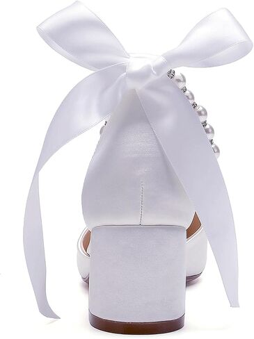 Women's White Wedding Shoes Block Heel Pearls Pointed Toe Chunky Bridal Pumps Prom Evening Shoes Sandals in Kuwait