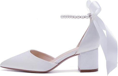 Women's White Wedding Shoes Block Heel Pearls Pointed Toe Chunky Bridal Pumps Prom Evening Shoes Sandals in Kuwait
