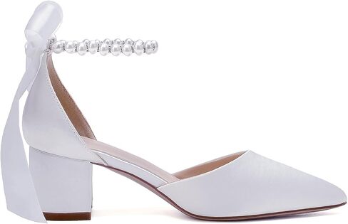 Women's White Wedding Shoes Block Heel Pearls Pointed Toe Chunky Bridal Pumps Prom Evening Shoes Sandals in Kuwait