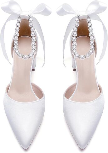 Women's White Wedding Shoes Block Heel Pearls Pointed Toe Chunky Bridal Pumps Prom Evening Shoes Sandals in Kuwait