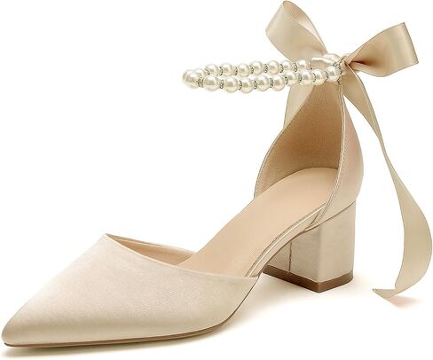 Women's White Wedding Shoes Block Heel Pearls Pointed Toe Chunky Bridal Pumps Prom Evening Shoes Sandals in Kuwait