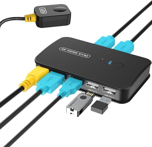 4K KVM Switch HDMI 2 Port Box، USB وHDMI Switch لجهازي كمبيوتر مشاركة طابعة لوحة المفاتيح والماوس وشاشة واحدة عالية الدقة، تدعم UHD 4K@30 هرتز، مع وحدة تحكم عن بعد وكابلين KVM in Kuwait