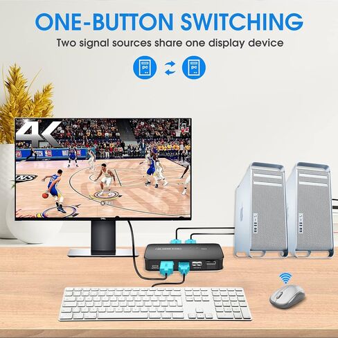 4K KVM Switch HDMI 2 Port Box، USB وHDMI Switch لجهازي كمبيوتر مشاركة طابعة لوحة المفاتيح والماوس وشاشة واحدة عالية الدقة، تدعم UHD 4K@30 هرتز، مع وحدة تحكم عن بعد وكابلين KVM in Kuwait