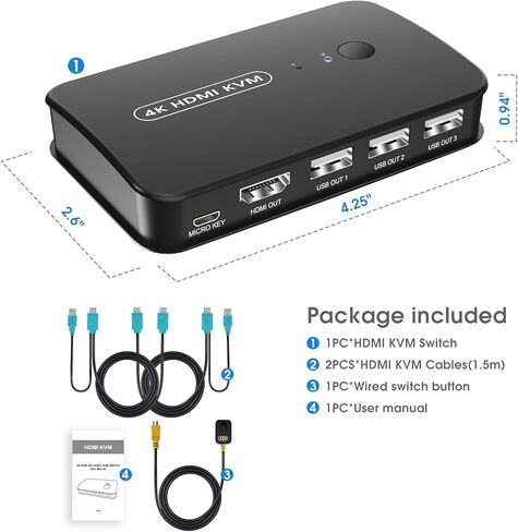 4K KVM Switch HDMI 2 Port Box، USB وHDMI Switch لجهازي كمبيوتر مشاركة طابعة لوحة المفاتيح والماوس وشاشة واحدة عالية الدقة، تدعم UHD 4K@30 هرتز، مع وحدة تحكم عن بعد وكابلين KVM in Kuwait