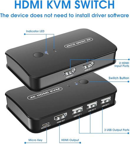 4K KVM Switch HDMI 2 Port Box، USB وHDMI Switch لجهازي كمبيوتر مشاركة طابعة لوحة المفاتيح والماوس وشاشة واحدة عالية الدقة، تدعم UHD 4K@30 هرتز، مع وحدة تحكم عن بعد وكابلين KVM in Kuwait