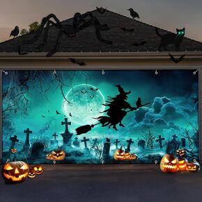 Halloween Garage Door Cover Decorations 7x16Ft Large Witch Halloween Backdrop Halloween Banner Photo Backdrop Graveyard Pumpkin Skull Black Cat Wall Decorations for Home Outdoor Holiday Party