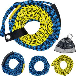 Tow Rope for Tubing 3 Sections Boat Tow Rope 1-6 Person Heavy Duty 6K Tube Ropes for Tubing with Storage Bag and Rope Keeper