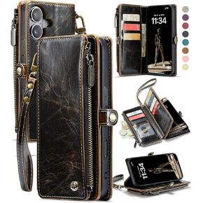 Defencase Compatible with iPhone 16 Plus Case Wallet with RFID Blocking Card Holder for Women Men, PU Leather Magnetic Snap Flip Zipper Strap Wallet Phone Case Fit for iPhone 16 Plus 6.7", Blue Green