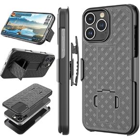for iPhone 16 6.1 inch Case with Kickstand & Belt Clip Holster, Heavy Duty Shockproof Armor Protective Rugged Woven Pattern Hard Plastic Phone Cover for iPhone 16 6.1"-Black