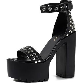 Women's Rivet Round Open Toe Platform Chunky High Heel Sandals Fashion Ankle Strap Buckle Block High Heel Gothic Sandals Sexy Party Prom Dress Wedge Chunky Heel Sandals