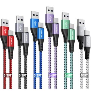 كابل USB C (6 حزم، 3 أقدام/3 أقدام/3 أقدام/6 أقدام/6 أقدام/10 أقدام)، كابل USB إلى USB C سلك شاحن مضفر من النوع C شحن سريع لهاتف iPhone 15/15 Pro Max، Samsung Galaxy S20 S21 S22 S23 S24 Ultra 5G ، جوجل بيكسل، ال جي V50