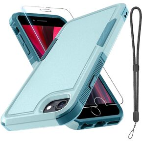 RMOCR Case for iPhone 8/7/SE 2022 2020, with Screen Protector,Military Grade Heavy Duty Shockproof Phone Cover with Wrist Lanyard Strap for iPhone 8/7/SE 2nd 3rd 4.7 inch,Mint Green